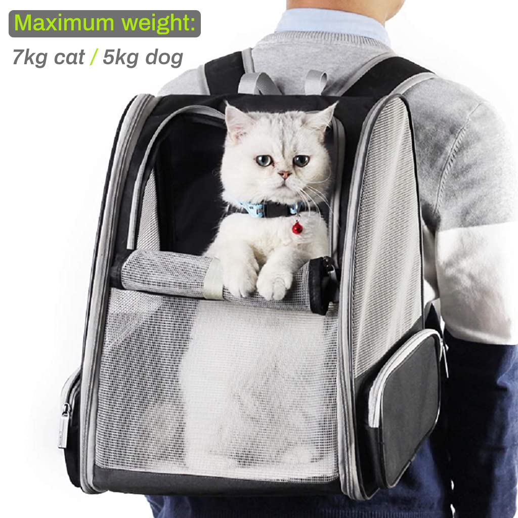 Qpets Cat Bag Carrier Backpack for Travel and Outdoor Use featuring Mesh Ventilation | Grey and Pink