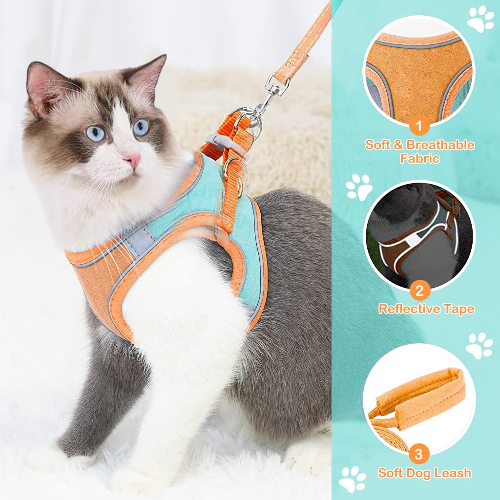 Qpets Cat Harness for Small Cats with 1.5m Leash featuring Quick Release Buckle and Reflective Strips | Adjustable Breathable Vest in Orange