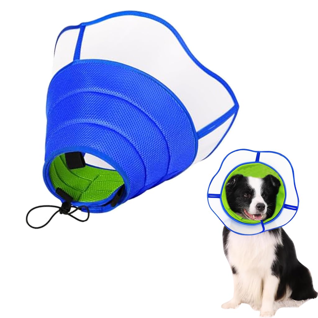 Qpets Dog Cone Collar for Post Surgery Recovery with 48–53cm Drawstring Fit and Breathable Mesh | Soft PP Frame Protection