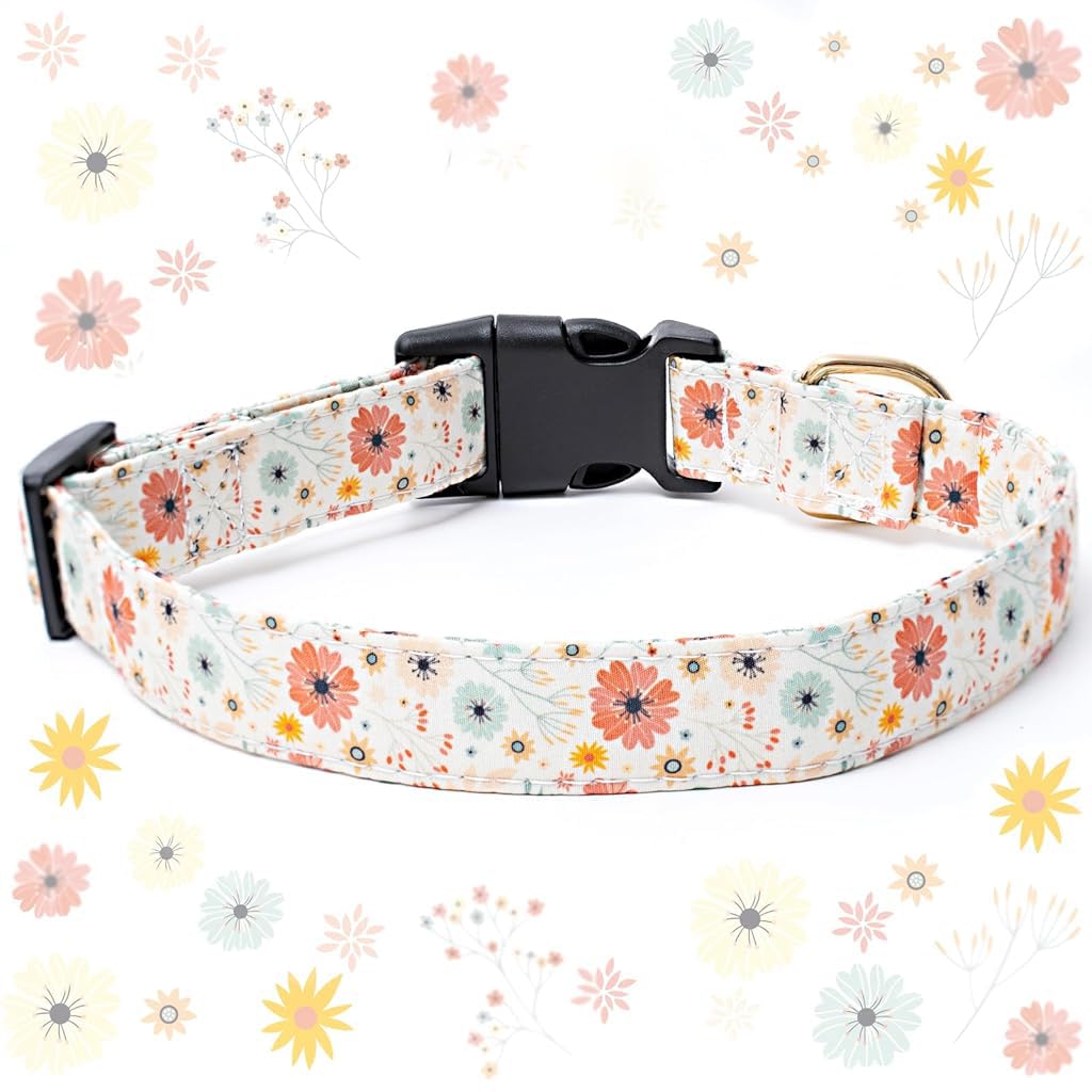 Qpets Floral Dog Collar for Small to Medium Dogs featuring Daisy Pendant and Metal D-Ring | Adjustable 36–60cm Soft Fabric Design