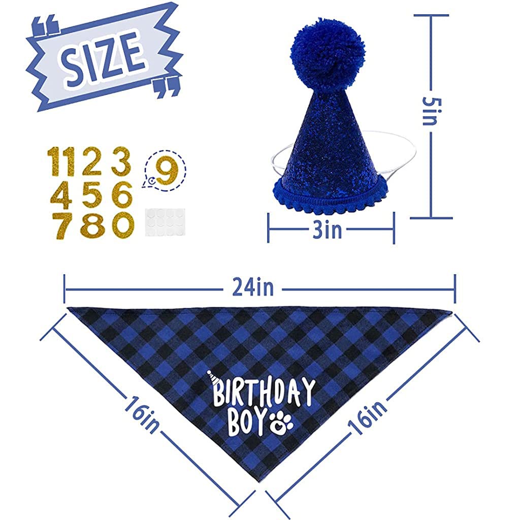 Dog Gifts for Birthday, Dogs Birthday Party Supplies Set, Dog Birthday Party Supplies, Male Dog Bandana Square Scarf and Cute Doggie Birthday Party Hat, Number Lable