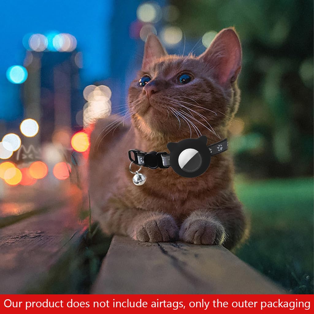 Qpets® Black Cat Collar, Cat Collar with Silicone Airtag Holder Cute Cat Collar with Bell Quick ReleaseAdjustable Cat Collar