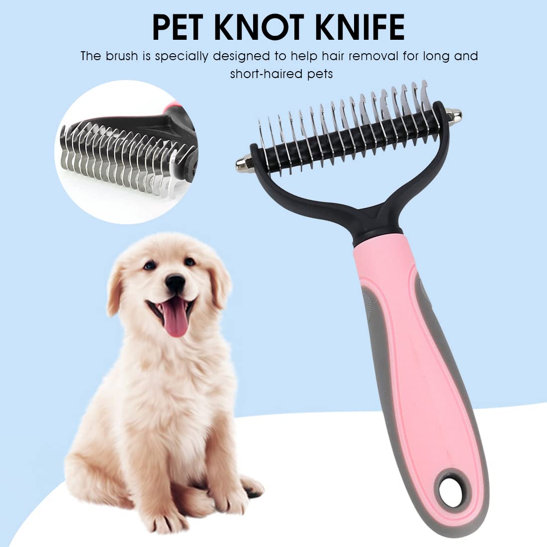 Qpets® About Space Pet Grooming Comb, Double Side Dematting and Tangle Removing, Undercoat Rake for Cats & Dogs, Pink/Blue Assorted Color