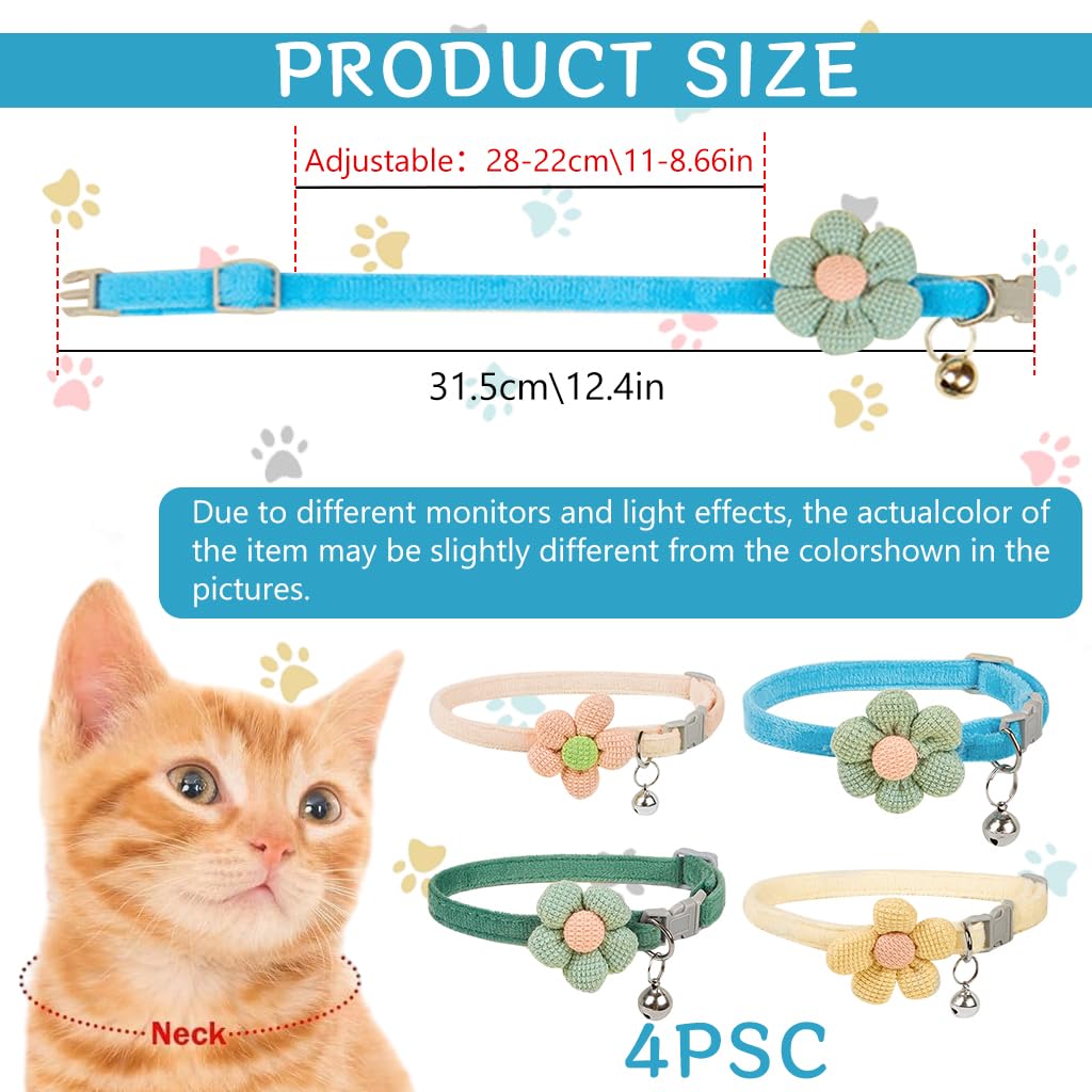 Qpets Cat Collar Set 8PCS Adjustable 19–32cm with Crochet Flower and Silver Bell | Gift for Cat Lovers