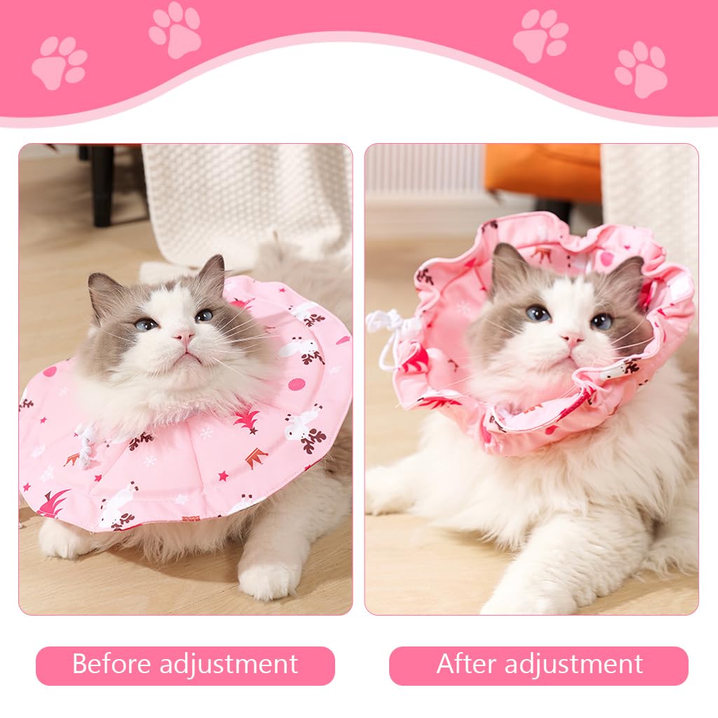 Qpets® Cat Collar Cat Cone Waterproof Cat Cone Adjustable Drawstring Collar Polyester Cat Cones After Surgery Pet Cat Recovery Cone Collar Cute Print Cone Collar for Cats (L)