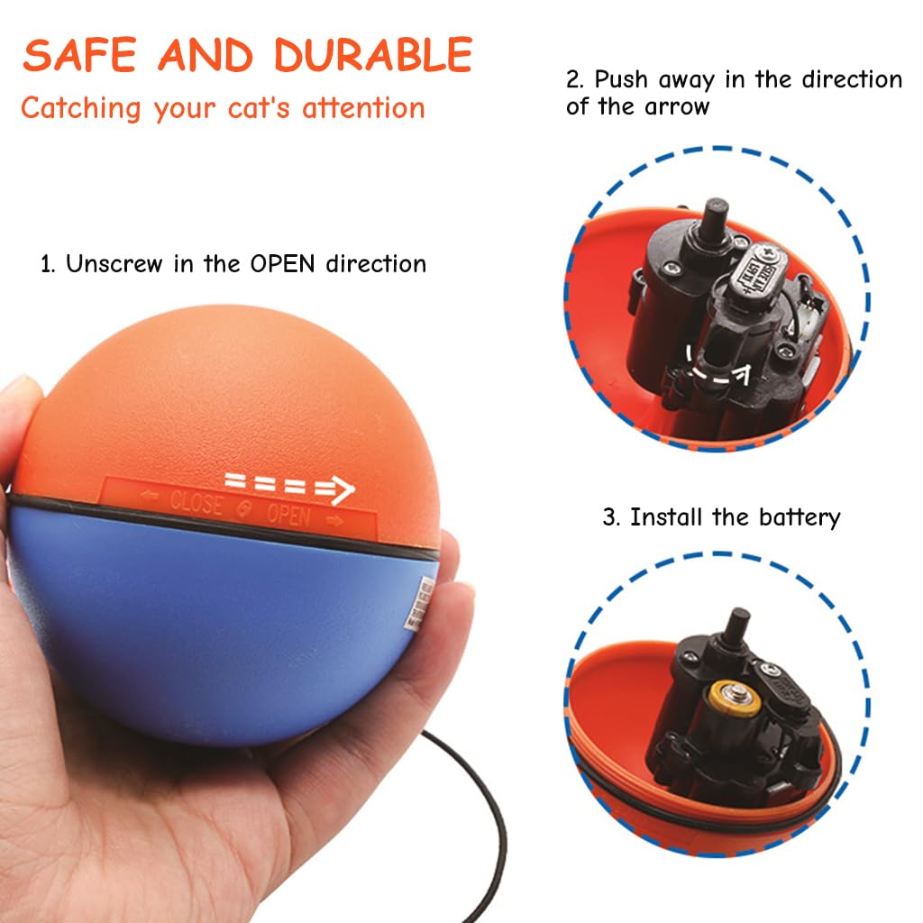 Cat Toy Electric, Cats Teasing Toy, Cat Ball Toy with Feather Tail, Chasing Game Toy, Random Turn Electric Toy, Indoor Self-Entertainment Cat Toy, Battery Powered(Battery not included)