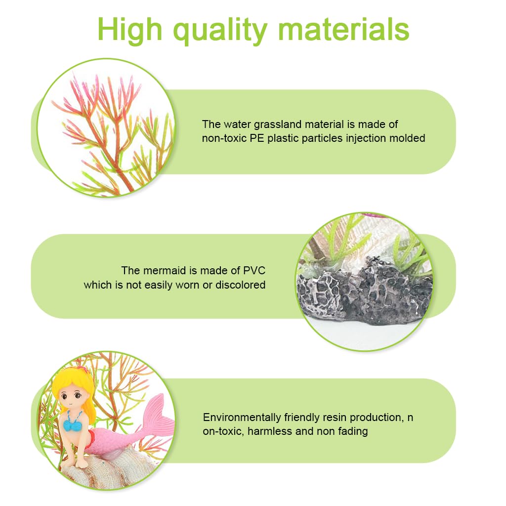 Qpets Little Mermaid Aquarium Decor for Freshwater and Saltwater Tanks featuring Resin Coral and Conch Ornament Set