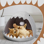 Qpets Cat Bed for All Season Comfort featuring Shark Mouth Design and Washable Cushion | Plush Felt Nest with Hanging Toy
