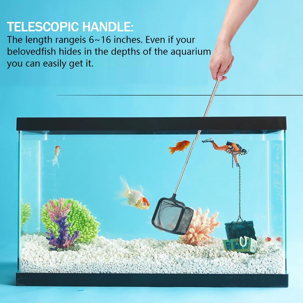 Qpets Aquarium Fish Net for Betta Tank featuring 3.1x3.1 in Square Frame and 18 in Retractable Handle