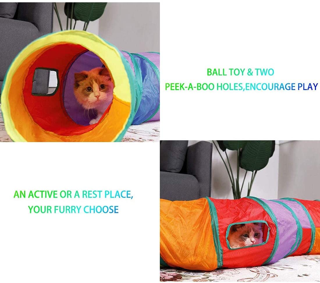 Qpets Cat Tunnel Combo for Indoor and Outdoor Play with 3 and 2 Way 25 cm × 80 cm Tubes | Foldable Rainbow Toy Set