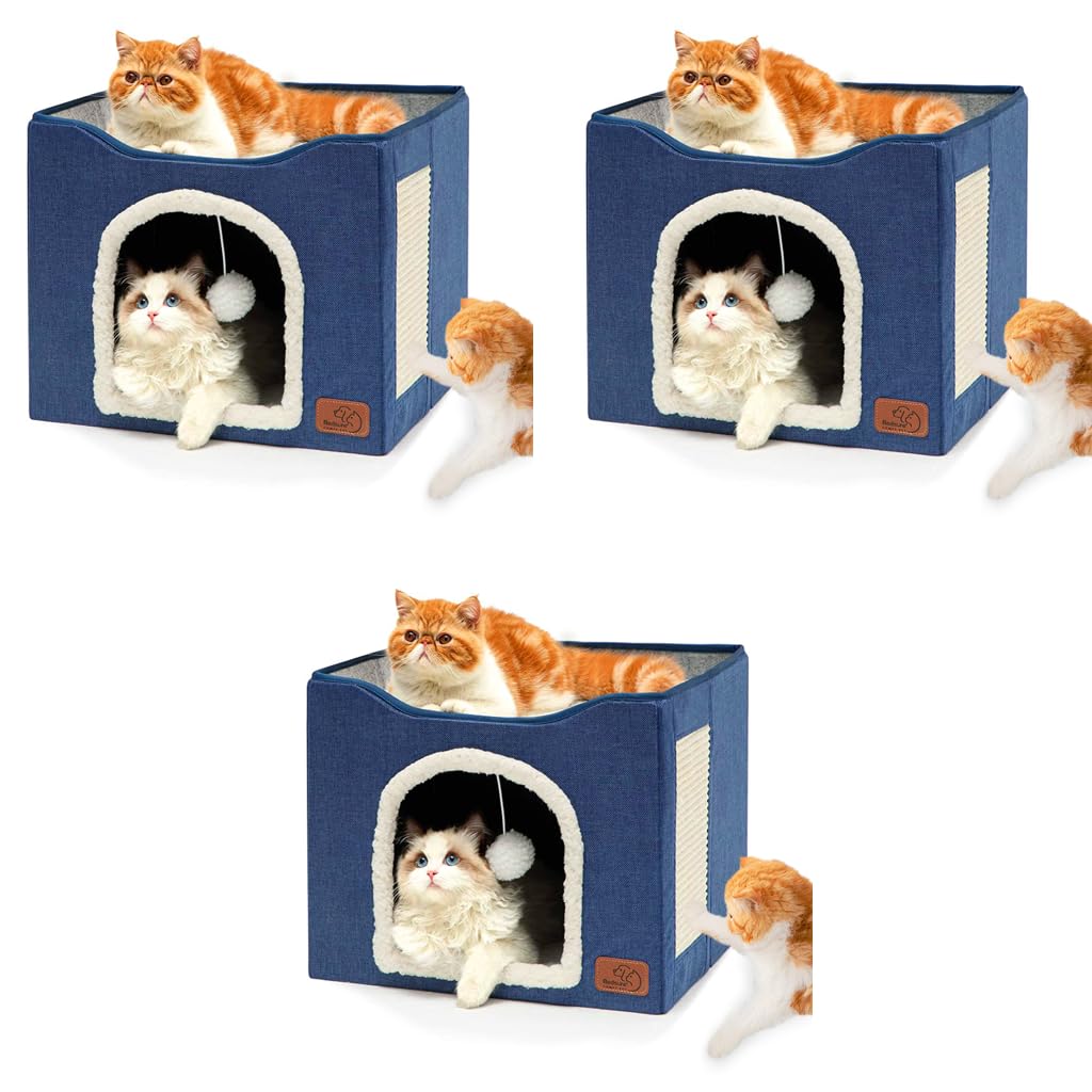 Qpets Cat Bed House for Large Cats featuring Double Layer Cave and Scratch Pad 16.5x16.5x14 in | Foldable Blue Hideaway with Fluffy Ball