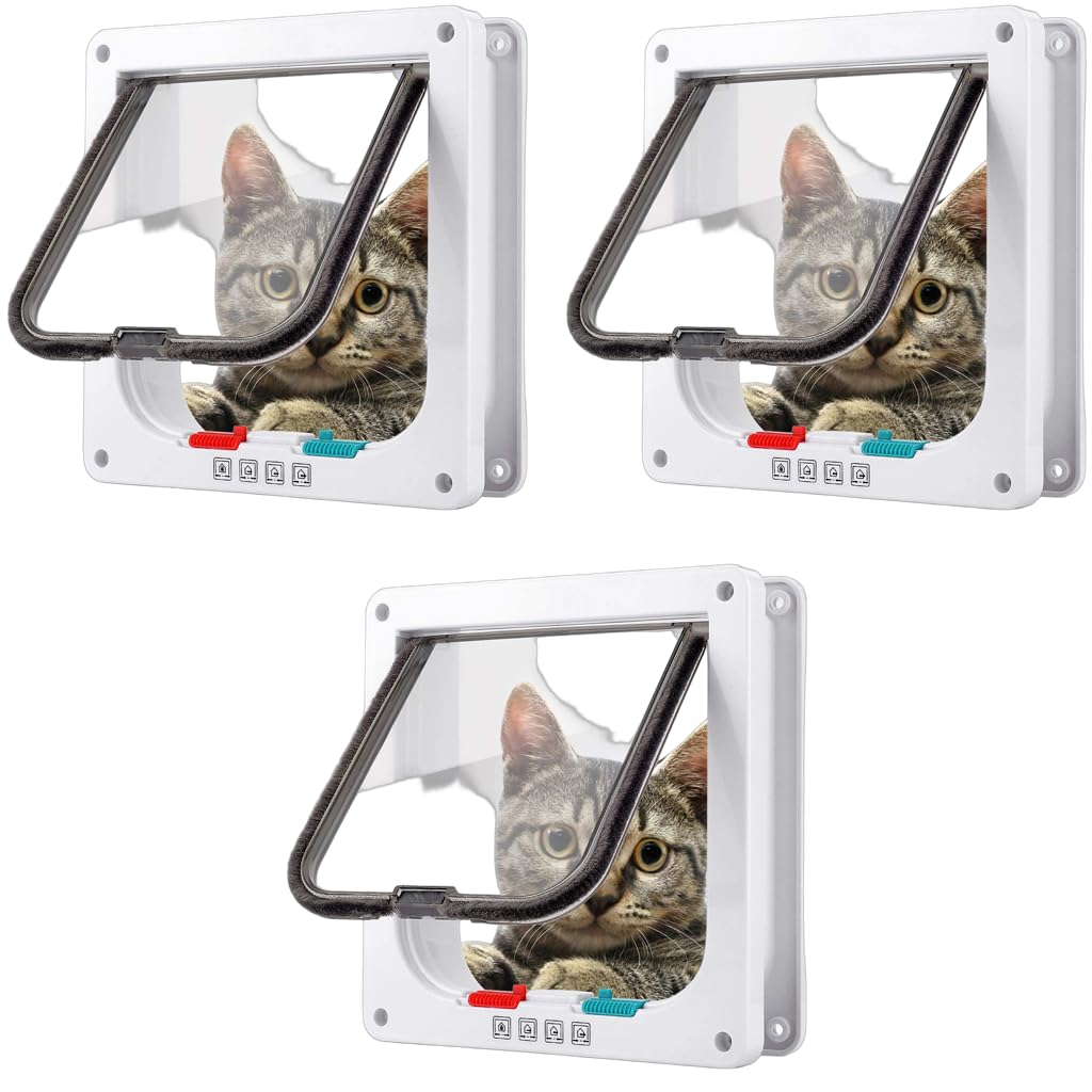 Qpets Cat Door for Small Pets with 4 Way Locking Flap 25×23.5×5.5cm | 3 Pcs Set