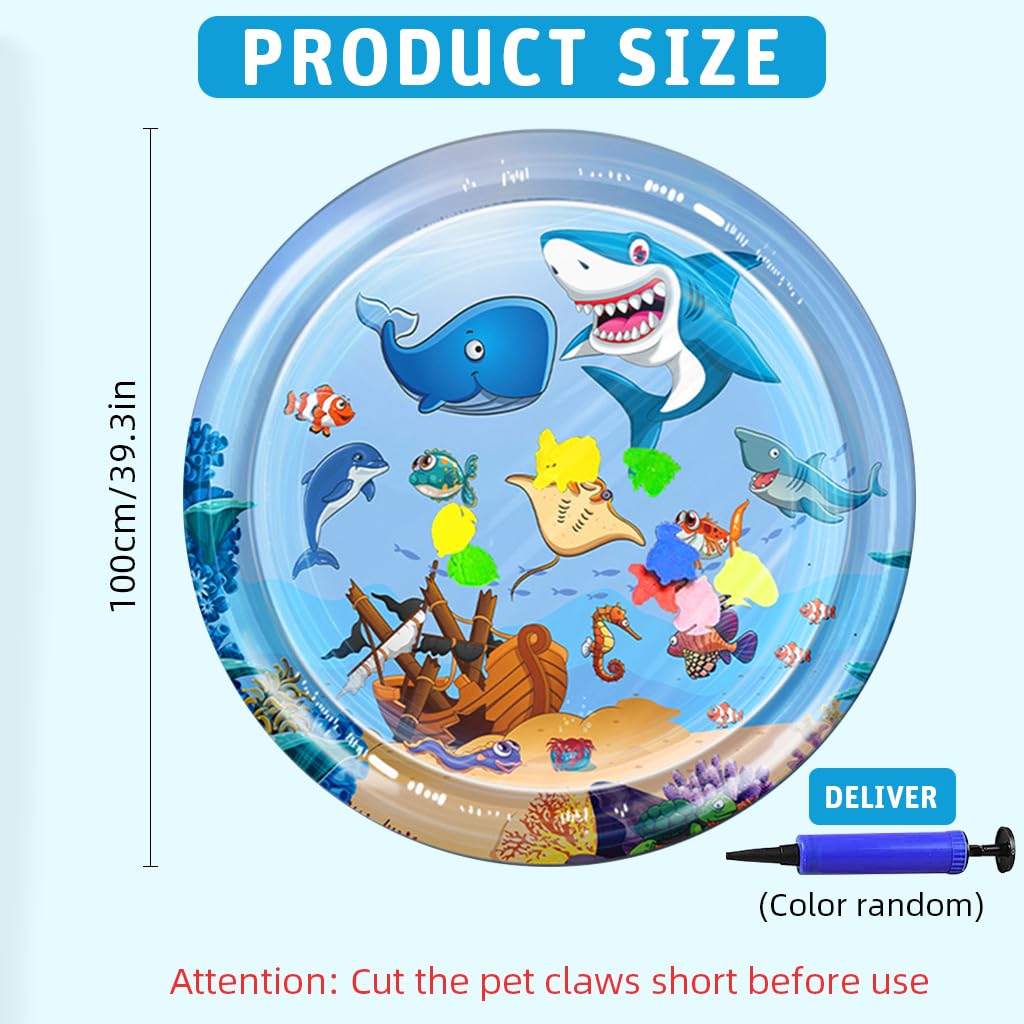 Qpets Cat Water Bed Mat for Summer Cooling with 39.37 in Spacious Design and Air Pump | Anti-Scratch PVC Featuring Built-in Fish Ornaments