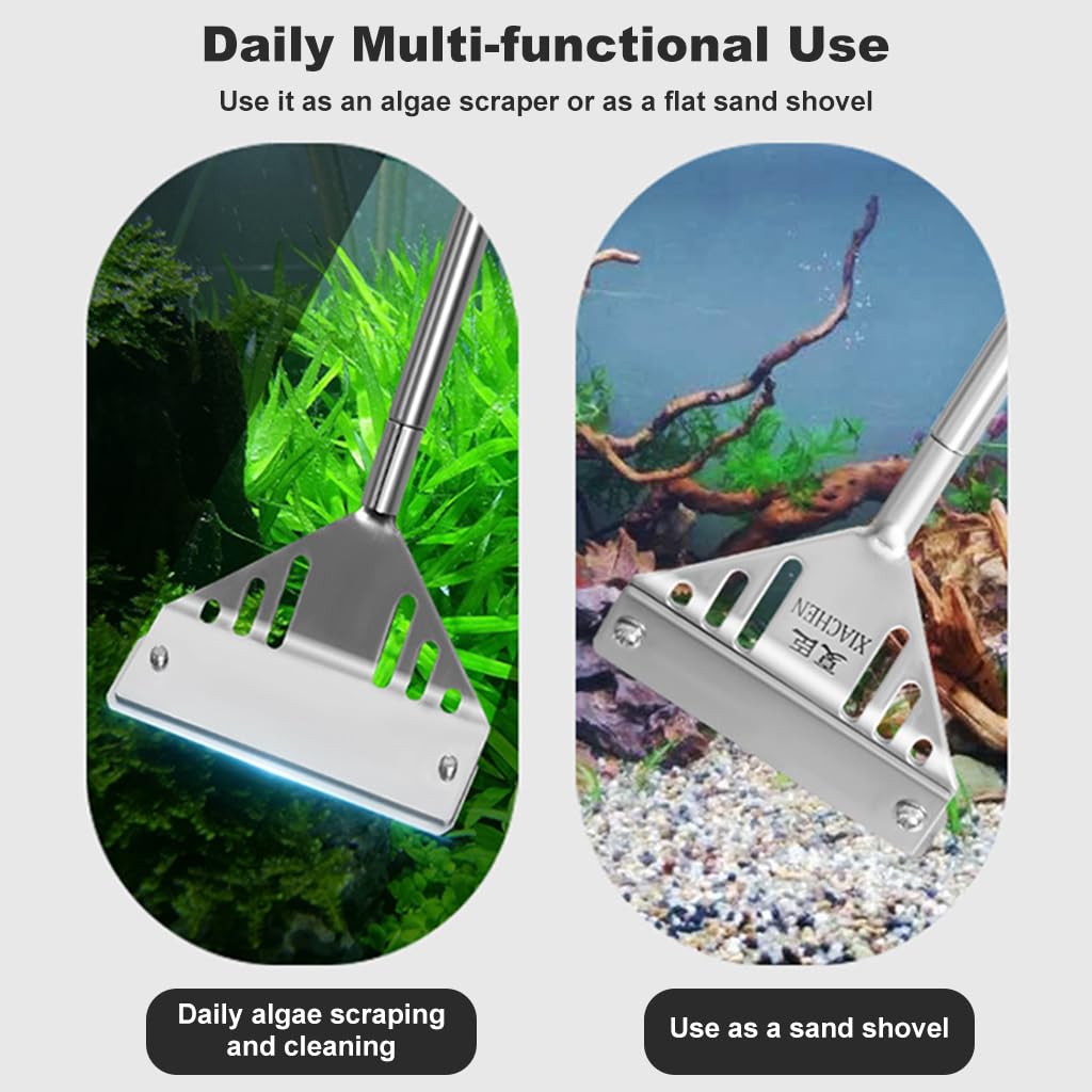 Qpets Aquarium Cleaning Tool with 16.5 in Stainless Steel Handle and 3 Attachments | Includes 10 Scraper Blades
