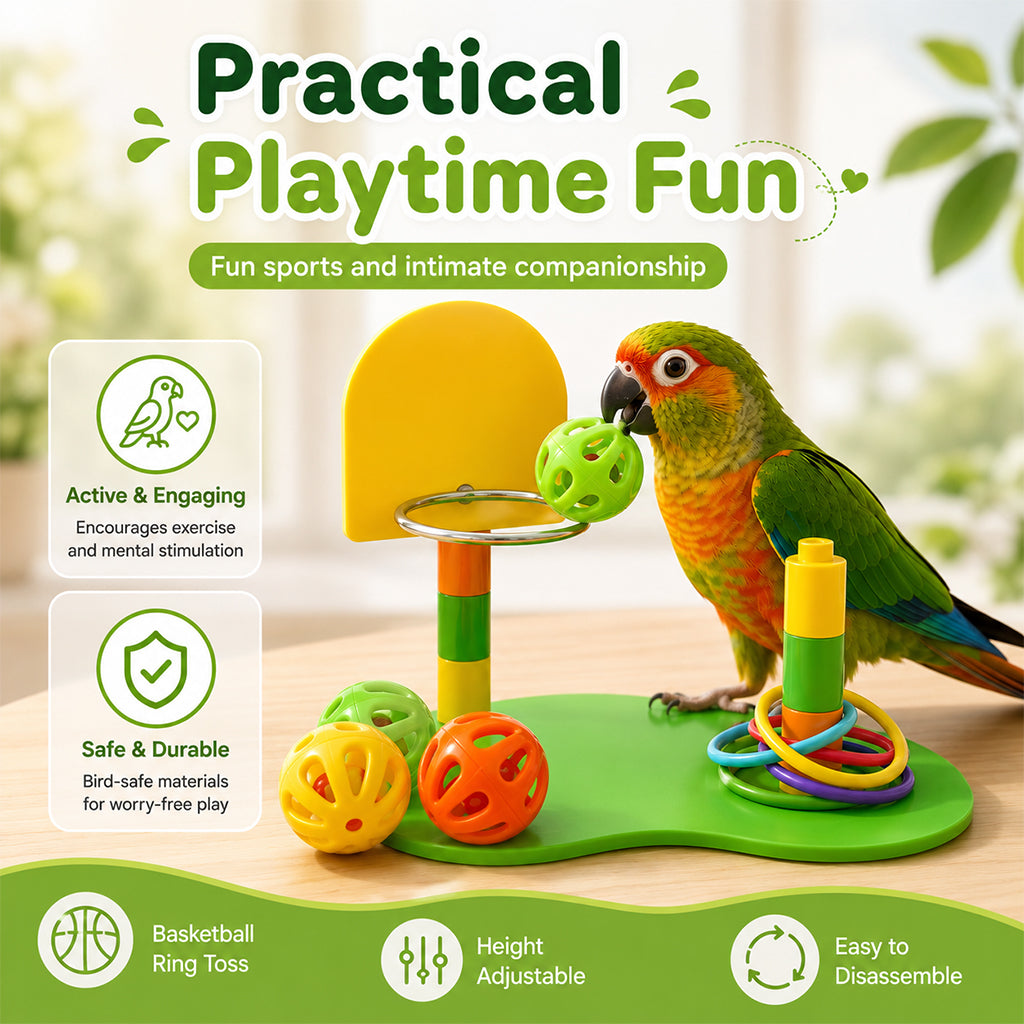 Qpets Interactive Bird Toy Basketball Hoop and Ring Toss Set with Adjustable Height for Small Parrots
