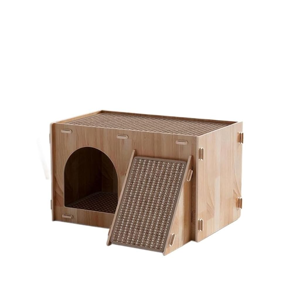 Qpets Wooden Cat House with Enclosed Hideaway, Dual Scratch Stations and Climbing Ramp