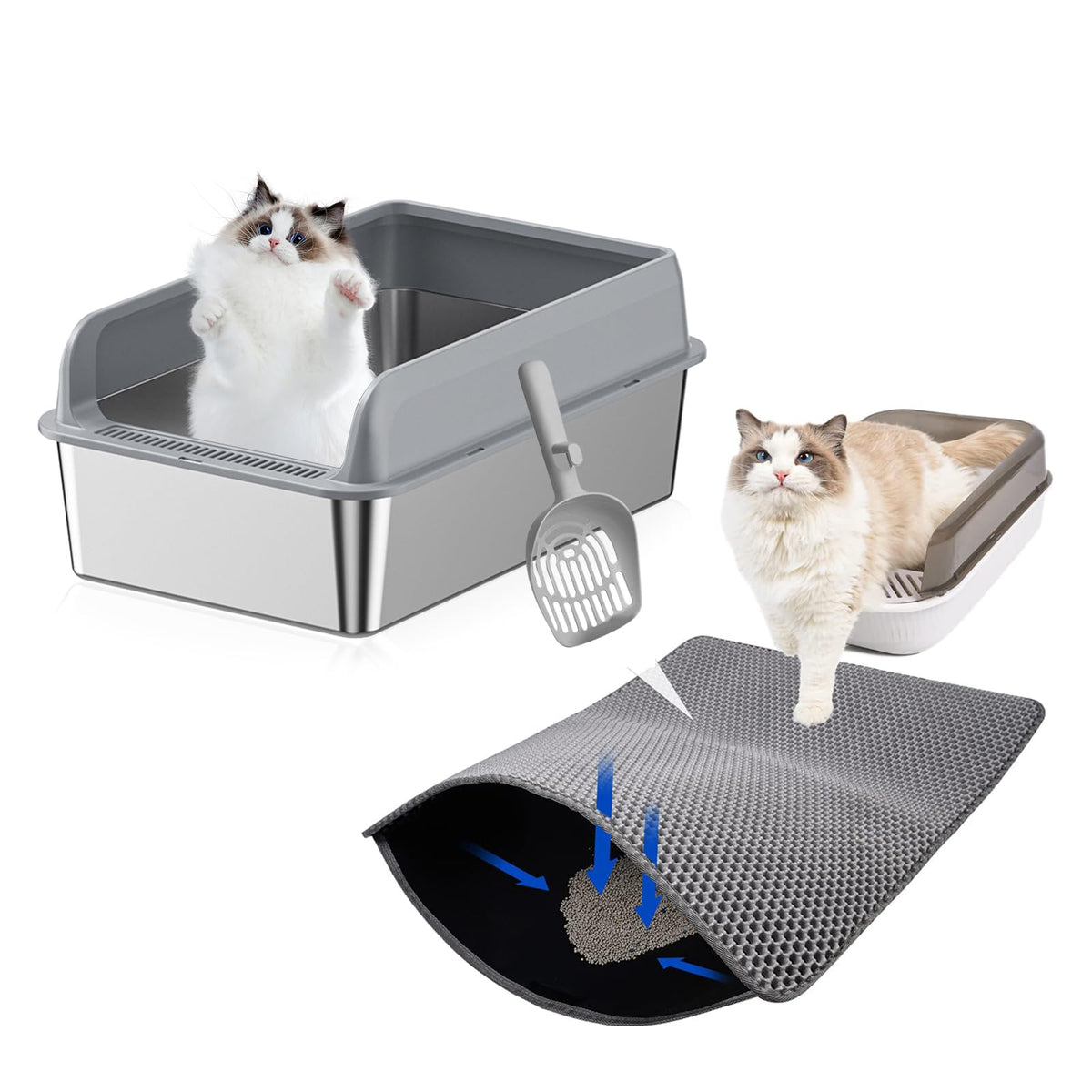 Qpets Cat Litter Combo with Double Layer 40x60cm Mat and Stainless Steel Box | Easy Clean