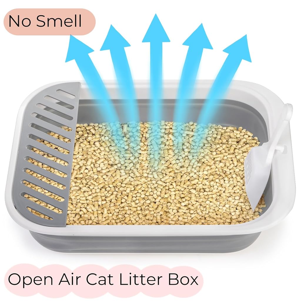 Qpets® Collapsible Cat Litter Box Large Size, Portable Travel Litter Tray with Scoop & High Sides, Space Saving Anti-Splash Anti-Tip Over Guar for Adult Cats & Kittens