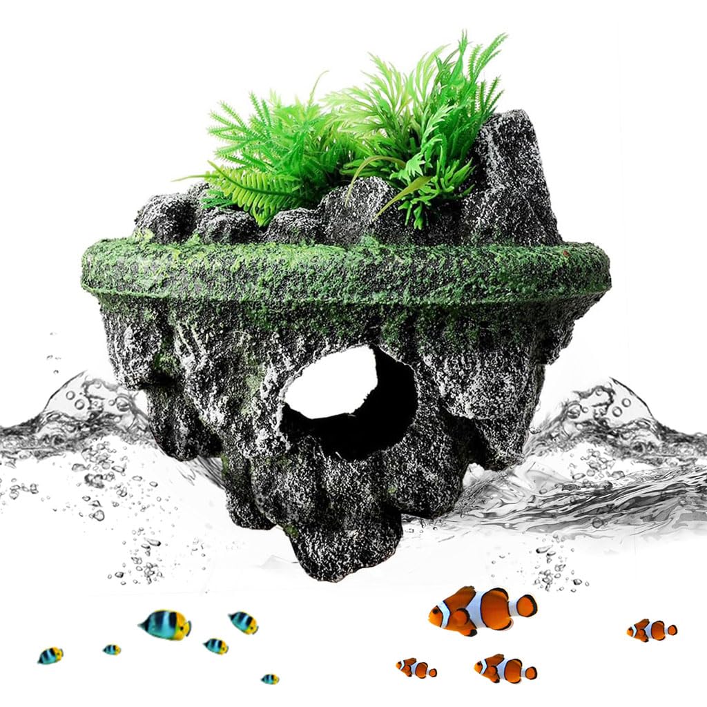 Qpets® Betta Fish Tank Decor Folating Miniature Rocky Island Decoration Fish Tank Ornament Betta Fish Tank Hiding Cave Aquarium Tank Decor - 13x9x13CM