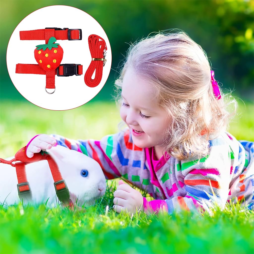 Qpets Rabbit Harness for Small Pets with Escape-Proof Dual Strap and Quick Release Buckle | Red Strawberry Plush Design