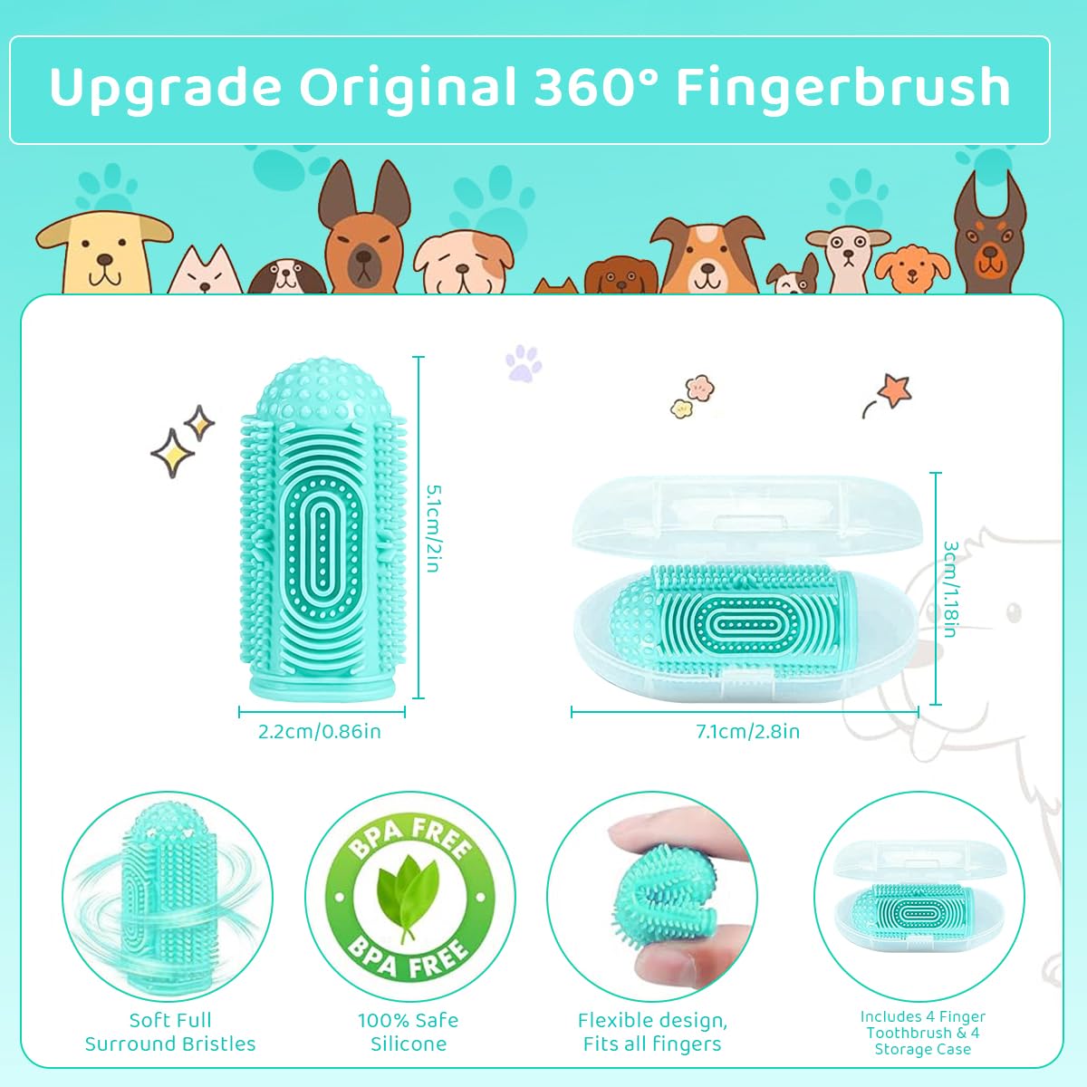 Qpets Dog Finger Toothbrush for Teeth Cleaning with 4 Bristle Types and Soft Silicone | Green Pet Oral Care