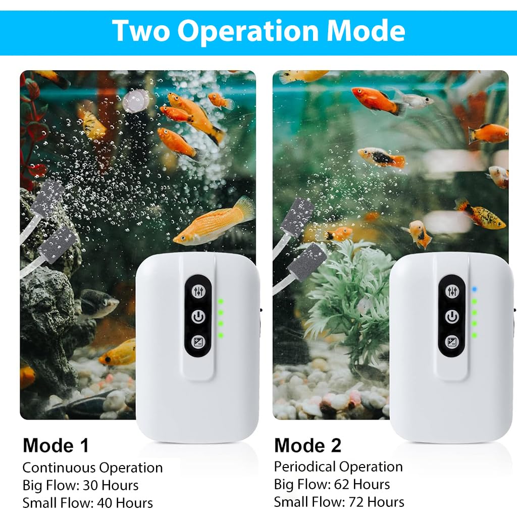 Qpets® Portable Oxygen Pump Cordless Aquarium Air Pump Continuous/Intermittent Fishing Air Pump Dual Pipe Aquarium Air Pump Air Stone and Pipe Included USB Rechargeable Aquarium Air Pump