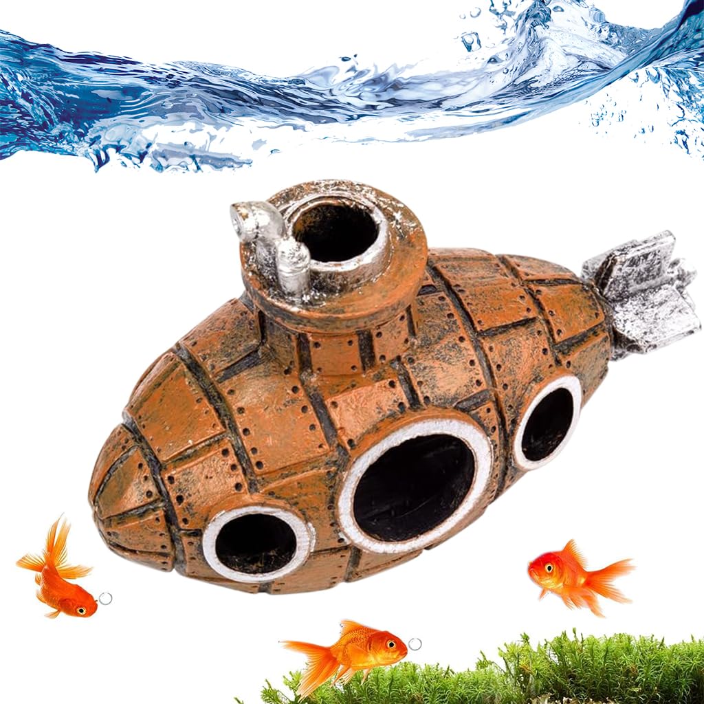 Qpets Aquarium Decoration for Fish Tanks featuring 13x8x5.5 cm Resin Submarine Hideout | Floating Cartoon Design