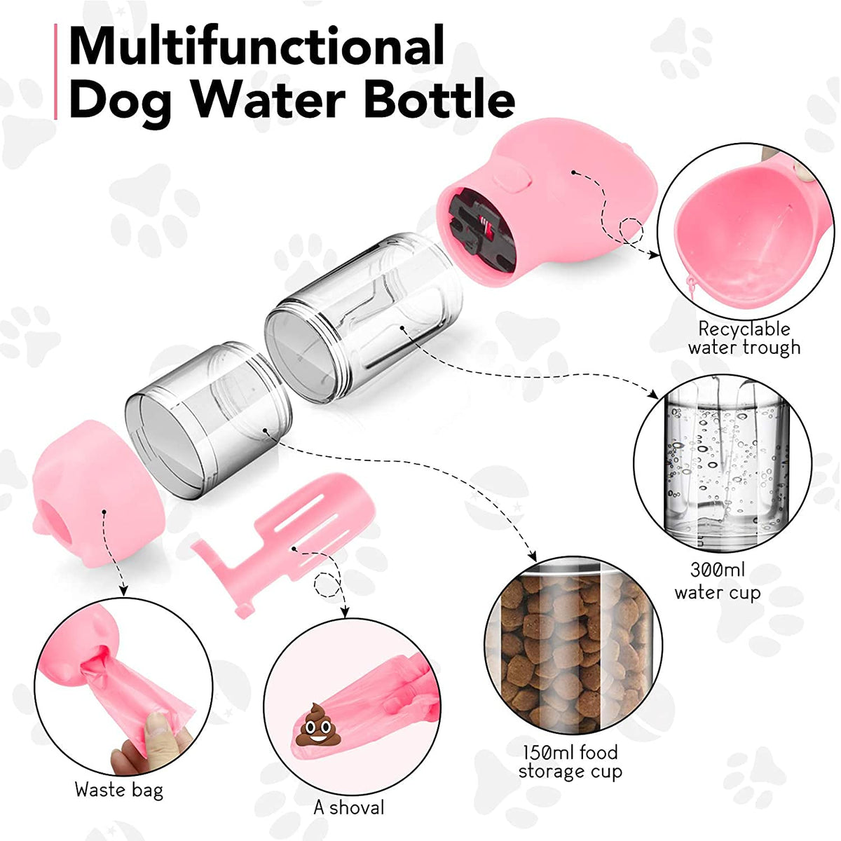 Dog Water Bottles Portable Leak Proof Dog Water Dispenser with Drinking and Feeding Function Lightweight Pet Water Dispenser for Walking and Travel for Dog, Cat 300ml(Pink)
