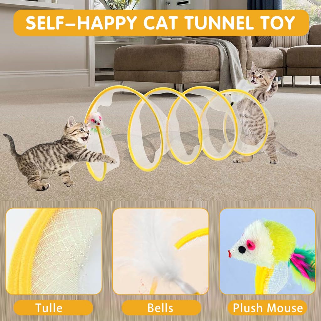 Qpets Cat Tunnel Toy for Indoor Cats with Elastic Spring Frame & Feather Tail Teaser | 2 PCS