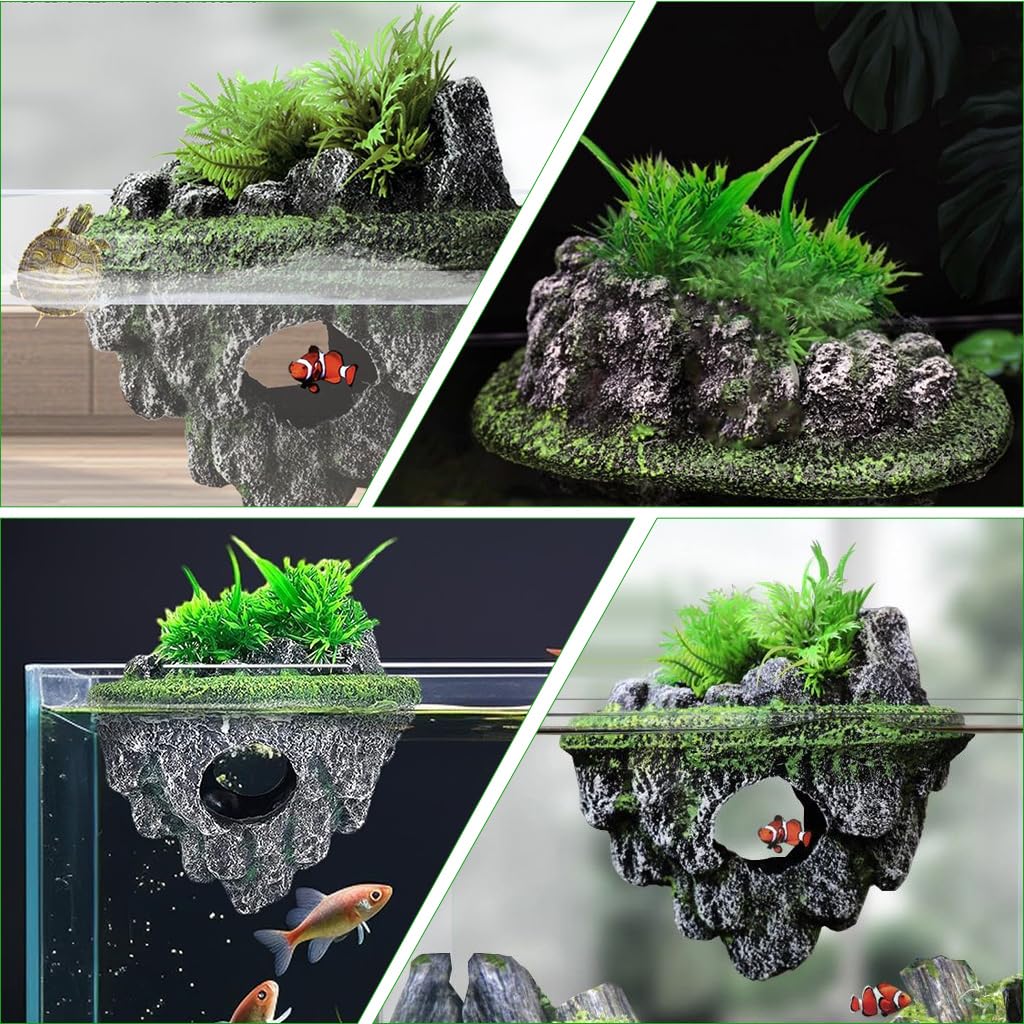 Qpets® Betta Fish Tank Decor Folating Miniature Rocky Island Decoration Fish Tank Ornament Betta Fish Tank Hiding Cave Aquarium Tank Decor - 13x9x13CM