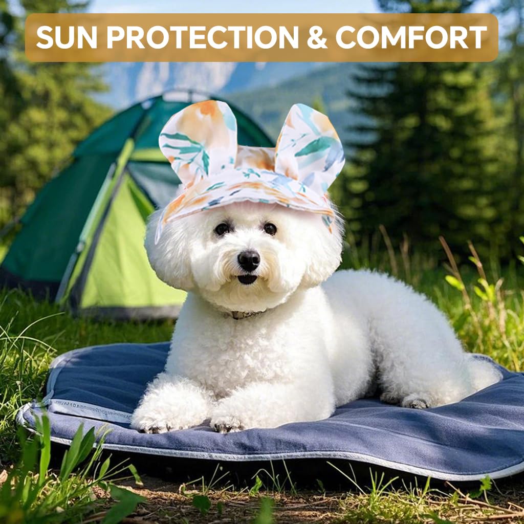 Qpets Small Dog Sun Visor Hat with Adjustable Chin Strap featuring Bunny Ears and Green Floral Polyester Design