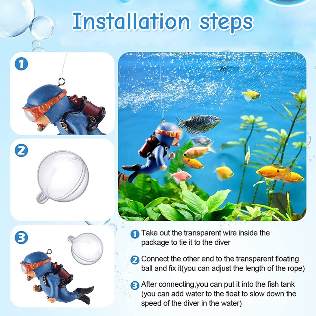 Qpets Aquarium Decor Combo with 3 Fluorescent Silicone Jellyfish and 2 Diver Ornaments | Floating Fish Tank Decorations