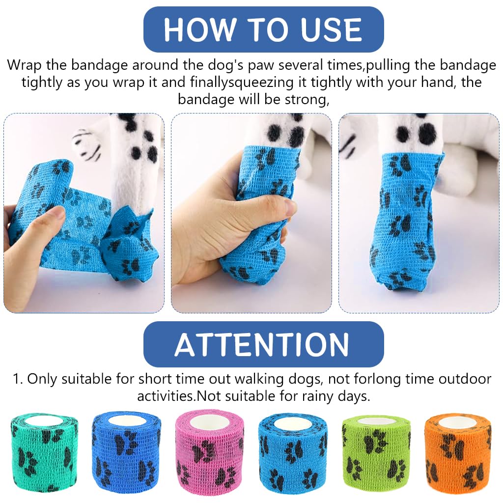 Qpets Dog Bandages for Injury Recovery with Self Adhesive Waterproof Wrap 6pcs 4.5m | Breathable Non Woven Paw Print Design