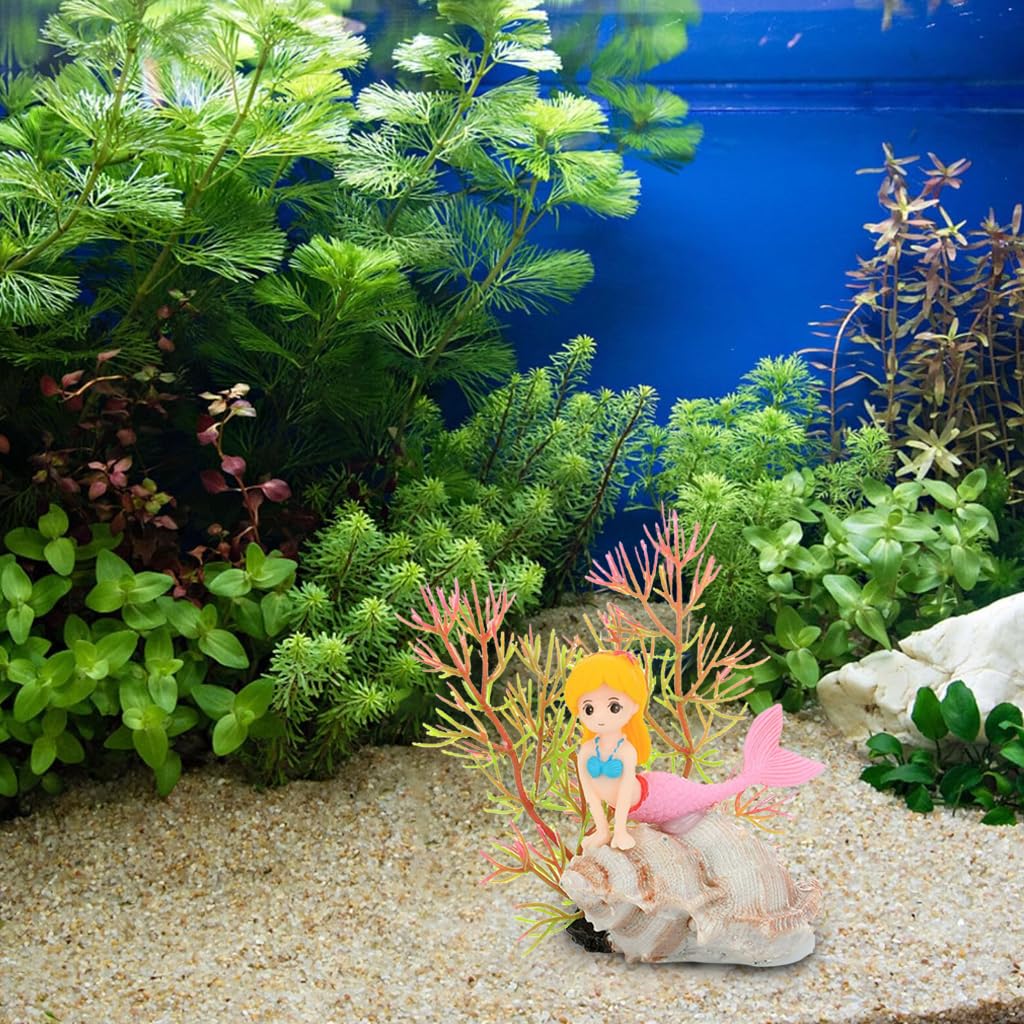 Qpets Little Mermaid Aquarium Decor for Freshwater and Saltwater Tanks featuring Resin Coral and Conch Ornament Set