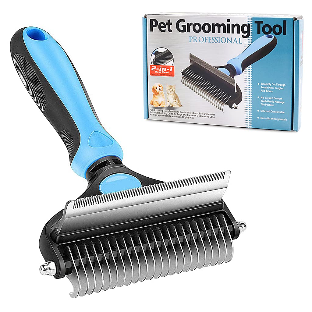 Qpets Dog Brush for Deshedding and Dematting with Dual Sided 22 and 90 Teeth | Ergonomic Grip