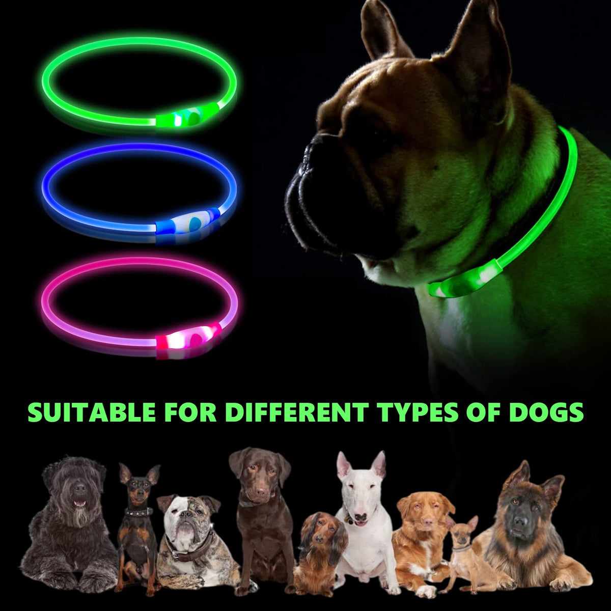 Dog Collar LED Optical Fiber Collar Flashing Collar for Dog USB Charging Cuttable Length Ensuring Safety for Night Walking (Blue Light)