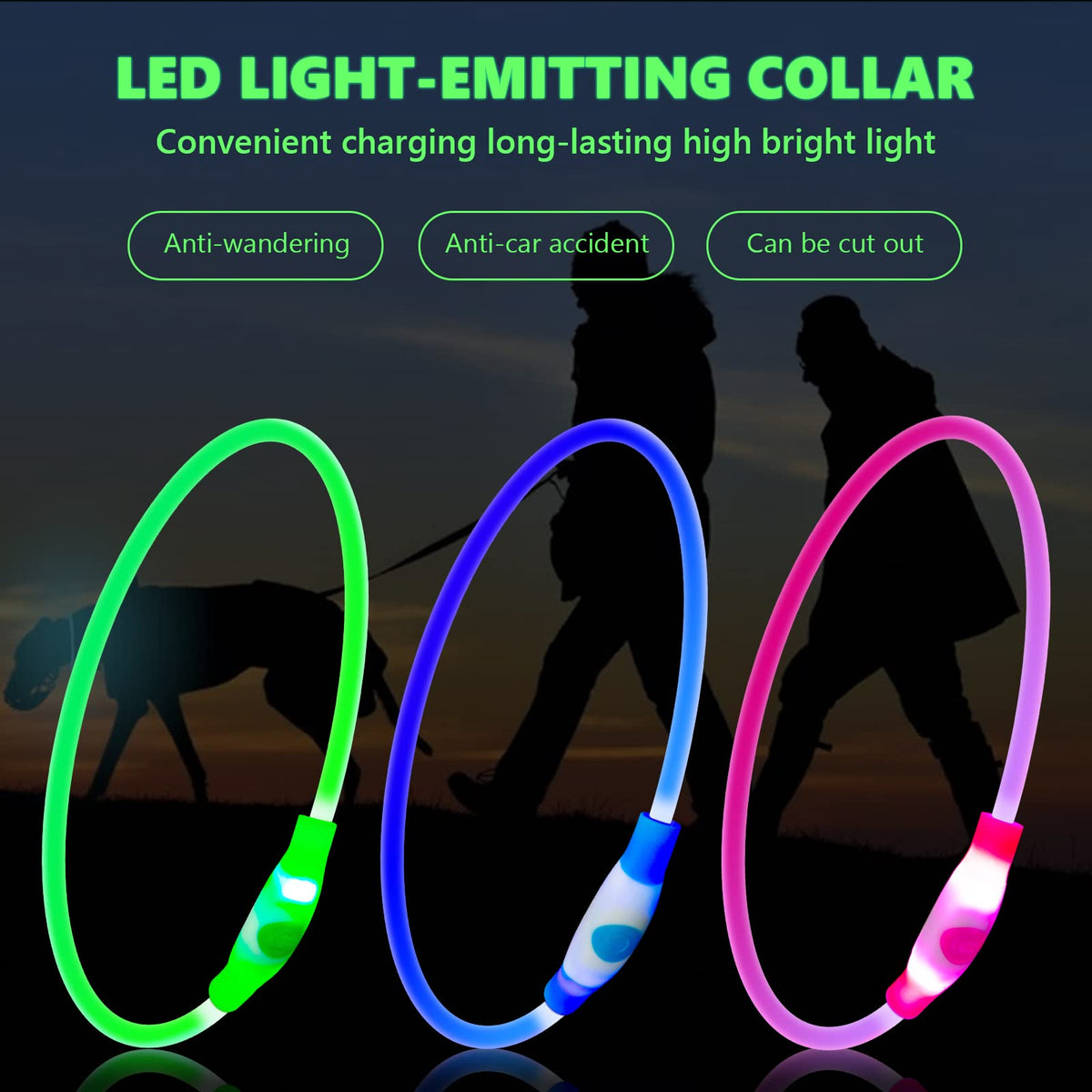 Qpets Dog Collar for Night Safety with Optical Fiber Tube and 7.6 in Cuttable Length | USB Charging