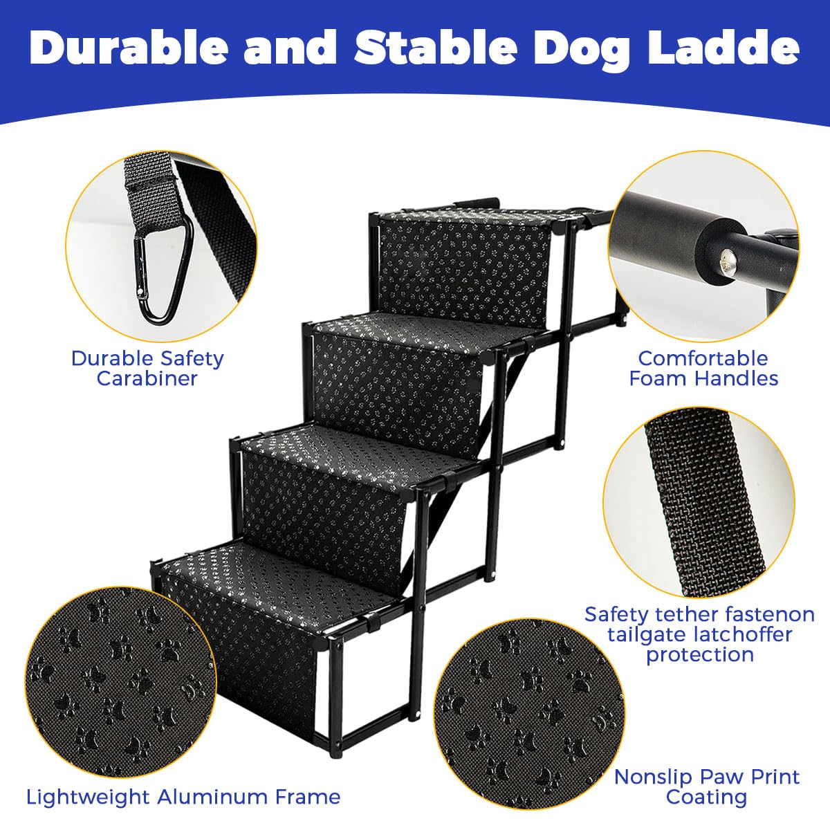 Qpets Foldable Dog Stairs for Car Trunk with Stainless Steel Frame and Non Slip Oxford Fabric