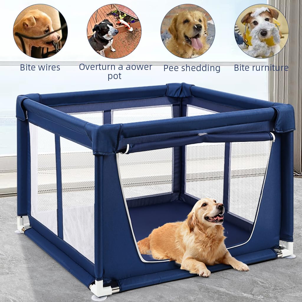 Qpets Playpen for Dogs with Zip Around Gate and Clear Mesh | 107x107x66cm Indoor Pet House