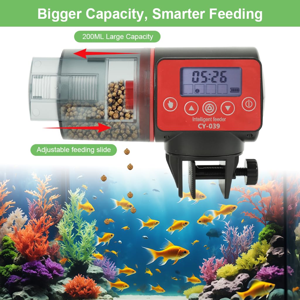 Qpets Automatic Fish Feeder for Aquariums with 200ml Capacity and Adjustable Outlet | Digital LCD Timer for Scheduled Feeding