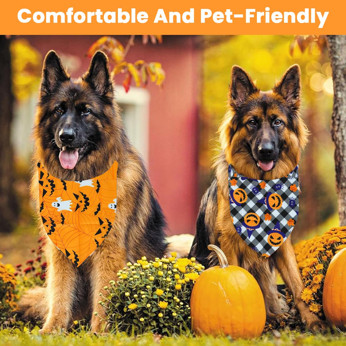 Qpets Halloween Dog Bandanas for Festive Parties with Pumpkin and Ghost Prints | 2Pack Adjustable Polyester Scarves for Small Medium Dogs