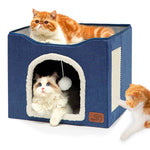 Qpets Cat House for All Seasons with Hanging Fluffy Ball and Scratch Pad, 16.5x16.5x14 in | Foldable Blue Cat Cave