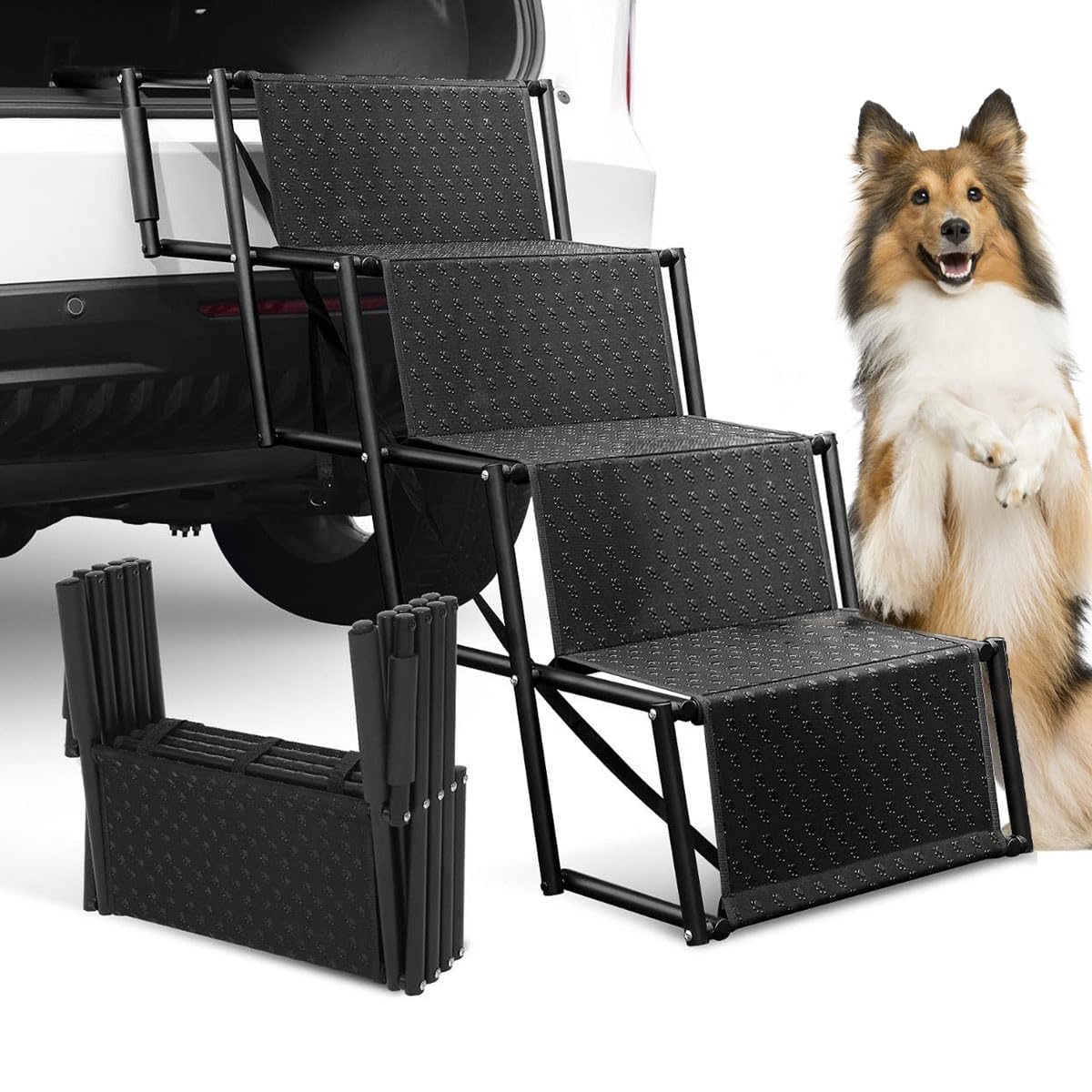 Qpets Foldable Dog Stairs for Car Trunk with Stainless Steel Frame and Non Slip Oxford Fabric
