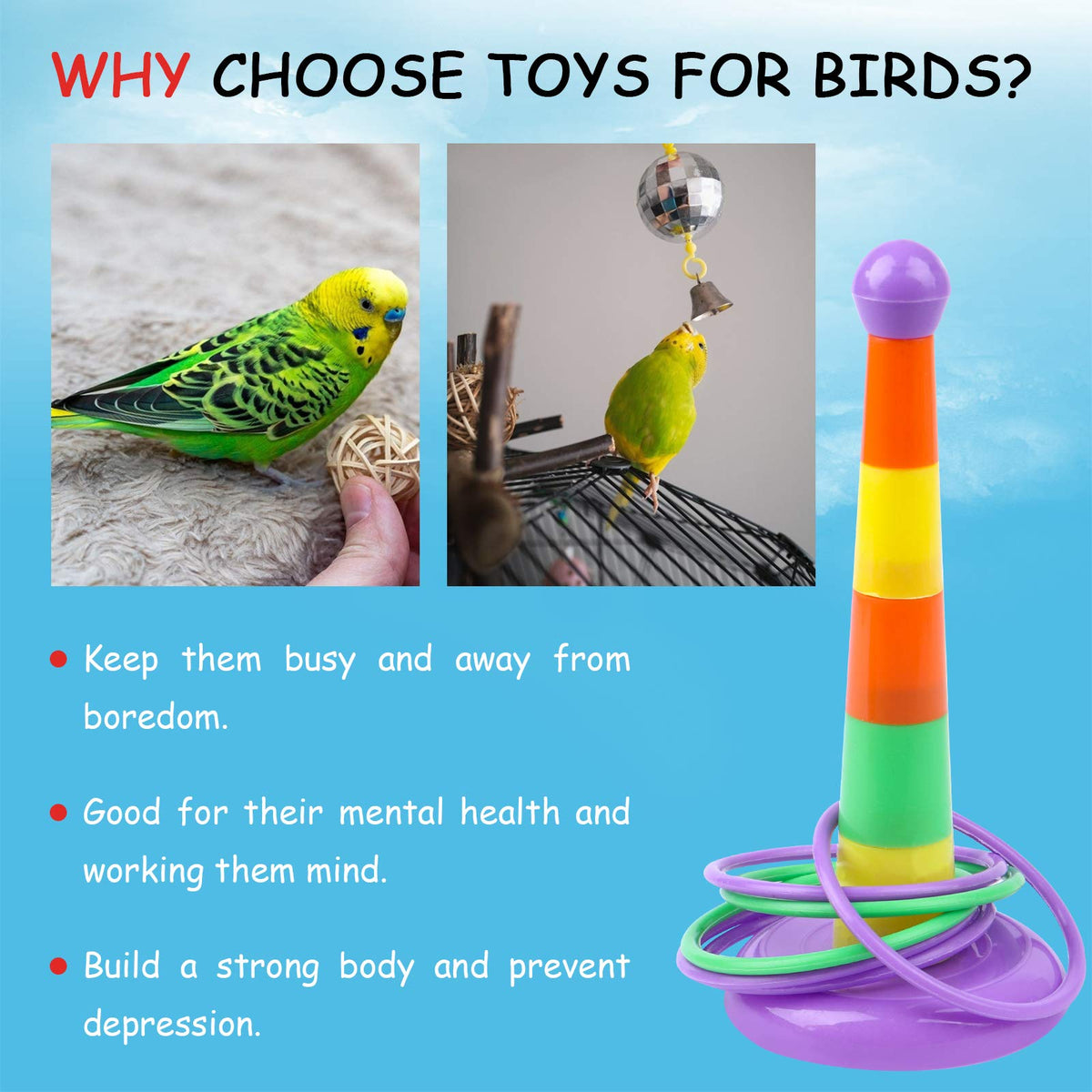 Qpets Bird Toys Set for Parrot Training with 21PCS Accessories Including Cart and Basketball | Bright Color Play Activity