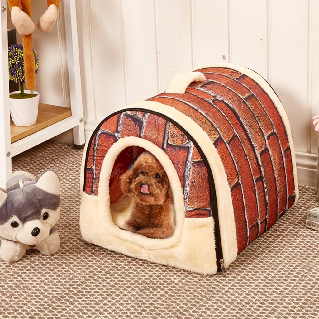 Qpets Cat House for Winter and All Seasons with Detachable Roof and Doors 45x38x36cm | Cozy Plush Shelter for Small Pets