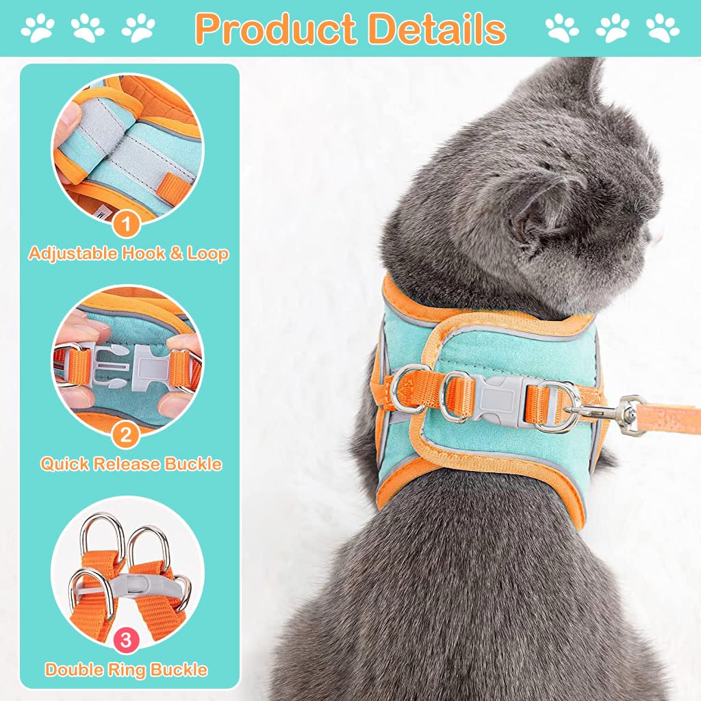 Qpets Cat Harness for Small Cats with 1.5m Leash featuring Quick Release Buckle and Reflective Strips | Adjustable Breathable Vest in Orange