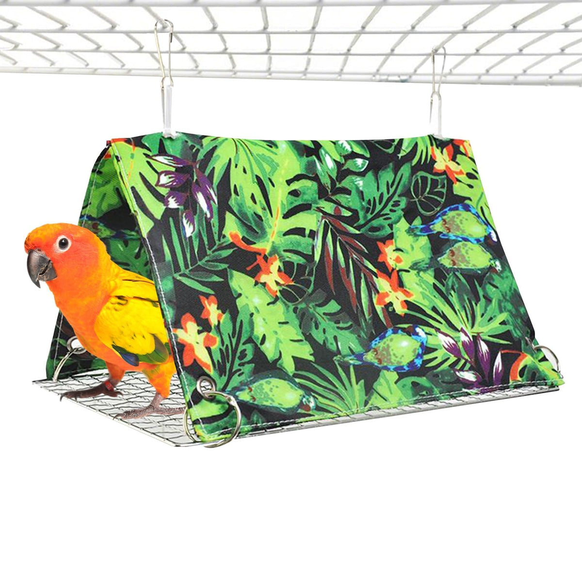 Qpets® Tropical Bird Cage Tent Hammock, Parrot Cage Hideout Cover, Hanging Bird Sleep Shelter with Jungle Leaf Print, Cozy Resting Hut for Parakeet, Cockatiel, Lovebird & Small Pets