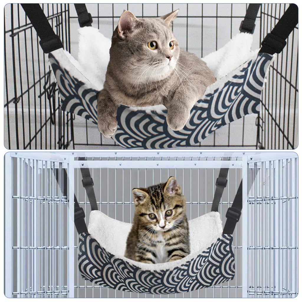 Qpets® Pet Hammock for Cage Plush Thermal Pet Hammock Winter Warm Cat Hammock 4 Adjustable Straps Design Small Pet Double Side Print Hammock for Cage, 35x53cm
