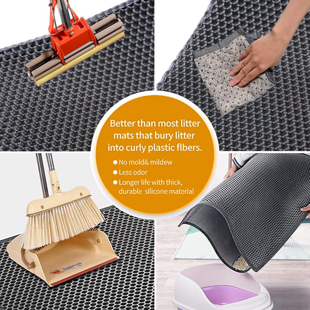 Qpets Cat Litter Mat 15.7 x 23.6 in for Litter Box with Double Layer Open Edge Design | Grey 3 pcs