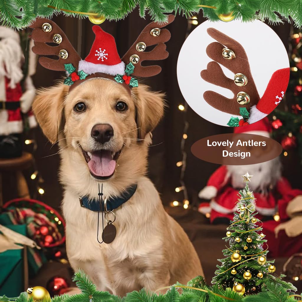 Qpets Dog Christmas Headband with Adjustable Chin Strap for Holiday Photos | Festive Elk Horn Santa Hat for Dogs and Cats